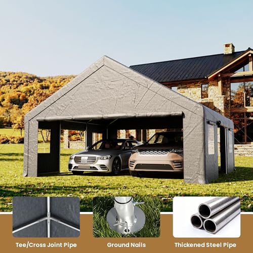 COSIEST 20'×20' Storage Shelter Outdoor Gable Roof Carport with Removable Side Walls, Heavy-Duty Garage Canopy Weatherproof PE Cover, Multi-Purpose Vehicle, Tractor Shed for Backyard, Driveway (Gray) - color: Gray, size: 20X20 FT Gable Top