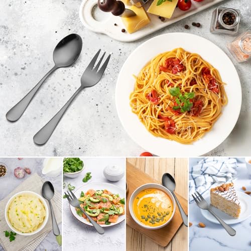 12 PCS Fork and Spoon, Black Silverware Set, Food Grade Stainless Steel Flatware Cutlery Set 6 Forks (5.35 inch), 6 Spoons(5.25 inch) for Home, Outdoor, Restaurant, Dishwasher Safe