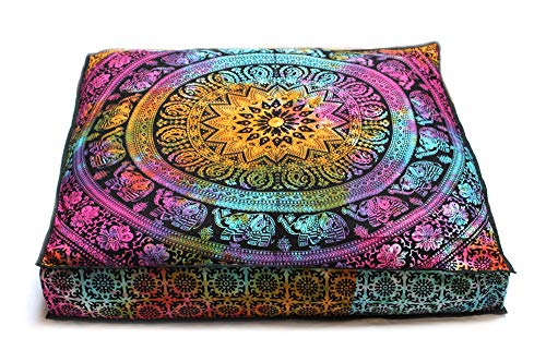 Large Hippie Mandala Round Floor Pillow Cover Ottoman Pouf Cover Daybed Cotton Cushion Cover with Heavy Duty Zipper Seating Ottoman Poufs Dog-Pets Bed (MUlti Elephant Flower, 35" Square) - color: Multi Elephant Flower, size: 35" x 35" (Pack of 1)