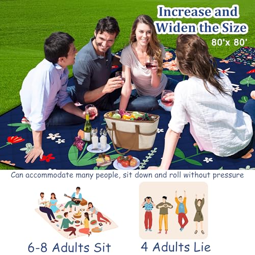 Extra Large Picnic Blanket Waterproof,80"x 80"Foldable Machine Washable Beach Blanket,Outdoor Blanket for 6-8 Adults,Suitable for Indoor Crawling,Park Beach,Camping,Hiking,Family Travel(Light Blue) - color: Blue Flower, size: 6'8" x 6'8" (Square)