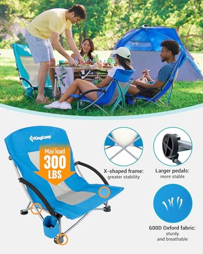 KingCamp Low Beach Chair, High Back Folding Camping Chair for Adults, Oversized Breathable Mesh Seat, 300lbs Heavy Duty Portable Chair with Cup Holder & Storage Pockets for Beach, Outdoor - color: Shoreline-blue-1 Pack