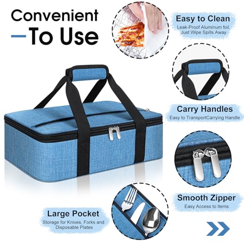 Insulated Casserole Carrier, Portable Casserole Carrier for Hot or Cold Food Lunch Tote Warmer or Cooler Bag, Lasagna Lunch Bag for Potluck Parties- Fits 9" x 13" Baking Dish-Azure - color: Azure, size: 16x10x4 in