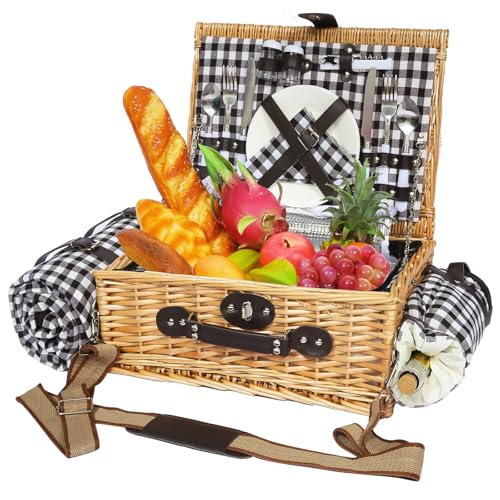 Picnic Basket for 2 with Blanket, Willow Picnic Basket Set with Shoulder Strap&Wine Pouch, Large Willow Hamper with Insulated Cooler for Outdoor, Camping, Beach, Couples, Wedding Gift - color: Black and White Grid