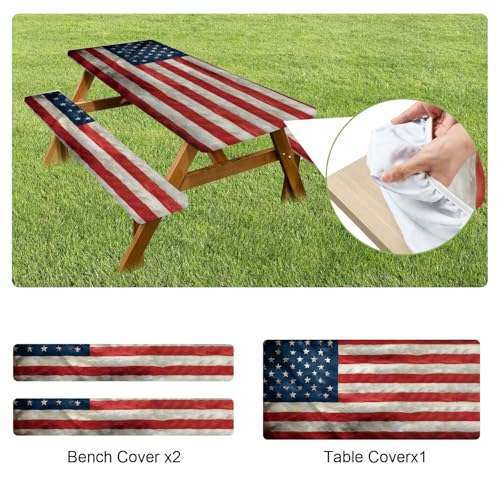 ANNA QUEEN Patriotic American Flag 6FT Picnic Table Cover with Bench Covers Set of 3 with Drawstring Bag, USA Flag 72"x30" Waterproof Picnic Tablecloth & Bench Covers for Outdoor BBQ - color: #57