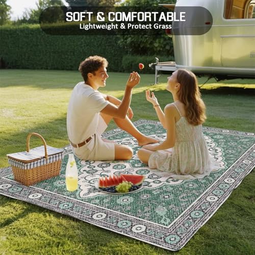 Outdoor Rug 4x6ft, Boho Ethnic Abstract Flower Indoor Area Rug for Patio Backyard Deck Large Floor Mat, Traditional Gray Green Theme Non-Slip Outside Carpet Balcony Porch Camping Rugs Picnic Mat - color: Green, size: 4' x 6' (Rectangular)