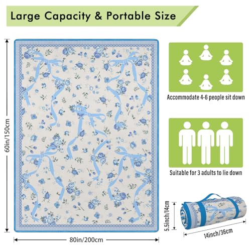 Floral Picnic Blankets Waterproof Foldable, 60″X80″ Packable Picnic Mat Cute Bow Outdoor Blanket for Grass,Large Beach Blanket Sandproof Picnic Accessories for Camping Music Festival Party Park Travel - color: C03, size: 5' X 6'8" (Rectangular)