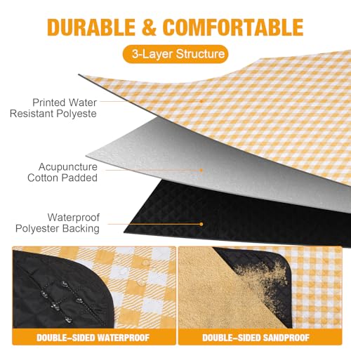 G GOOD GAIN Picnic Blankets Outdoor Extra Large - 80"x80" Portable Waterproof Picnic Blanket, Machine Washable 3-Layer Foldable Park Mat with Sandproof Backing for Grass, Hiking, Travel (Yellow) - color: Yellow
