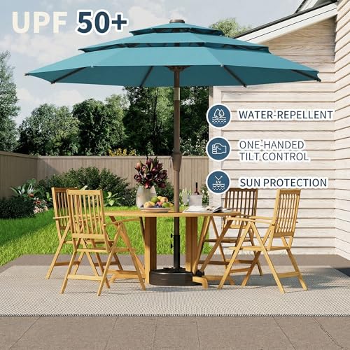 10FT Patio Umbrella 3 Tiers Outdoor Market Umbrella w/Push Button Tilt, Crank, UV and Waterproof Table Umbrella for Garden, Pool, Backyard, Deck, Lawn, Sky Blue - color: Sky Blue