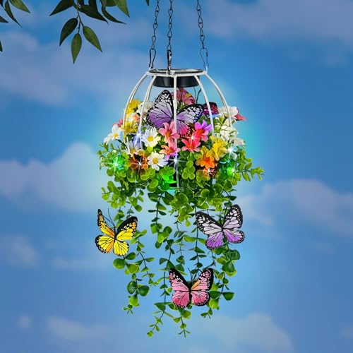 Solar Hanging Lanterns Outdoor Decor,Colorful Lights with Artificial Butterfly & Flowers Danglers for Porch,Yard,Patio,Spring Garden Decorations