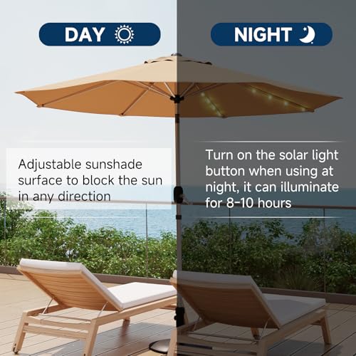 10FT 40-LED Solar Lighted Aluminum Patio Umbrella, Fade-Resistant Outdoor Market Table Umbrella with Push Button Tilt Function, 8 Sturdy All-Aluminum Ribs for Gardens, Decks, Backyards & Pools - color: Beige, size: 10FT 40LED-1Tier (Aluminum Umbrella)