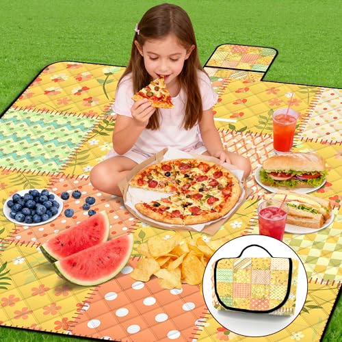 Extra Large Picnic Blanket Waterproof,80"x 80"Foldable Machine Washable Beach Blanket,Outdoor Blanket for 6-8 Adults,Suitable for Indoor Crawling,Park Beach,Camping,Hiking,Family Travel(Colorful) - color: Yellow Tile, size: 6'8" x 6'8" (Square)