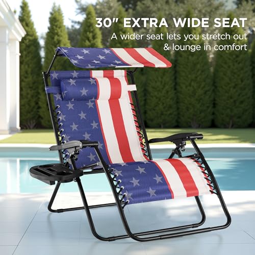 Best Choice Products 30” Wide Folding Zero Gravity Outdoor Recliner Patio Lounge Chair w/Adjustable Canopy Shade, Headrest, Side Accessory Tray - American Flag - color: American Flag, size: Oversized Extra Wide