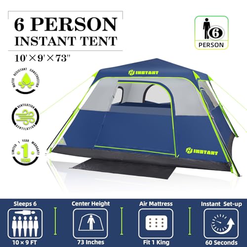 4/6/8/10 Person Instant Tent, Waterproof Pop Up Tents for Camping with Rainfly, 60 Seconds Easy Setup, Automatic Cabin Tent for Family Camping with Expandable Carry Bag & Upgraded Ventilation - color: Blue, size: 6 Person