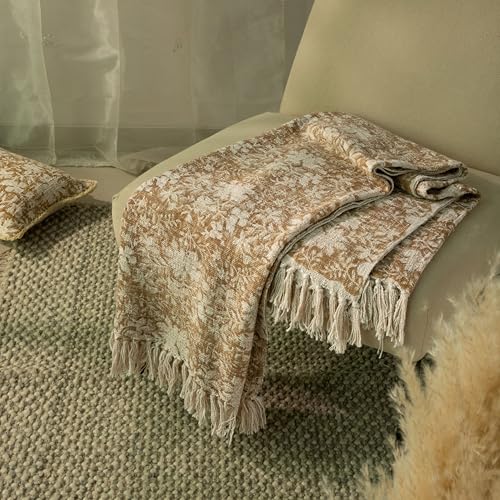 100% Pure Cotton Handblock Printed Throw Blanket, Soft 50" x 60" Fringed Floral Print Throw for Couch, Sofa, Chair, Bed - Cozy, Machine Washable, Comfortable Home Decor - color: Floral Cider Brown