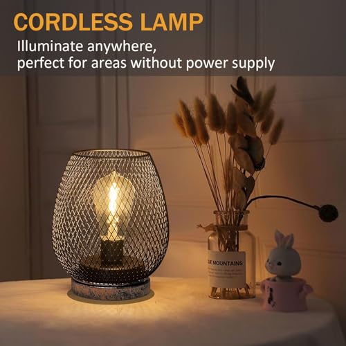 2 Pack Battery Operated Lamp Outdoor Table Lantern,Metal Cage Cordless Lamps with LED Bulb for Weddings Parties Patio Events Indoor Outdoor Patio Bedroom Living Room(Bronze)