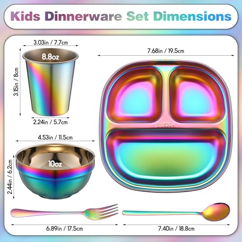 Tioncy 15 Pcs Stainless Steel Kids Dinner Set, Bowls, Balanced Bites Divided Plates, Cups, Spoons and Forks, Stainless Steel Lunch Plates Dinnerware Set for Kids Toddlers (Classic) - style: Classic