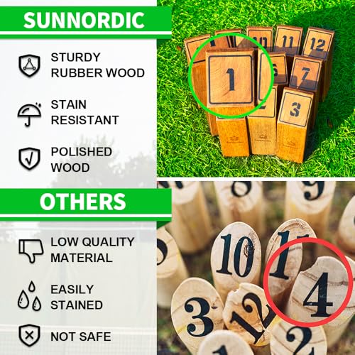 SunNordic Wooden Throwing Game Set, Numbered Block Toss Games with 1 x Scoreboard,12 x Premium Rubber Wood Pins & 1 x Dowel, Outdoor Backyard Lawn Bowling Yard Game for Kids, Adults & Family - color: Yellow Brown