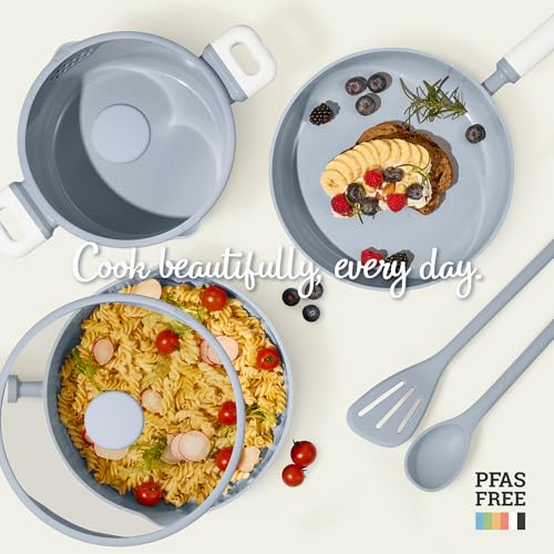 CAROTE Pots and Pans Set Nonstick, Ceramic Cookware Set, Blue Cooking Set Kitchen Induction Set with Steamer, PFAS PTFE Free,9 Piece - color: Blue, size: Stockpot