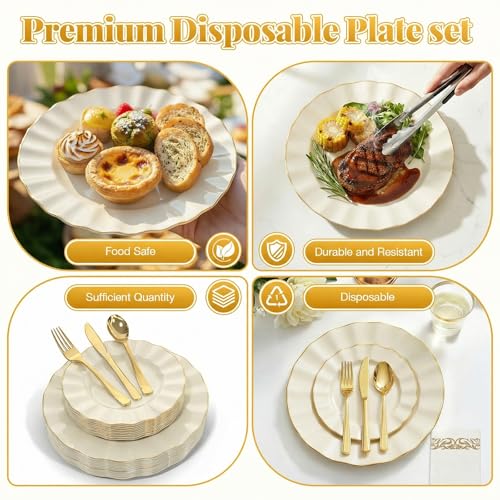 175 Piece Plastic Dinnerware Set Disposable Dinnerware Set for 25 Guests Include 50 Plastic Plates 25 Silverware Set 25 Cups and 25 Napkins for Mother's Day Party Wedding Birthday（White and Gold） - color: White and Gold