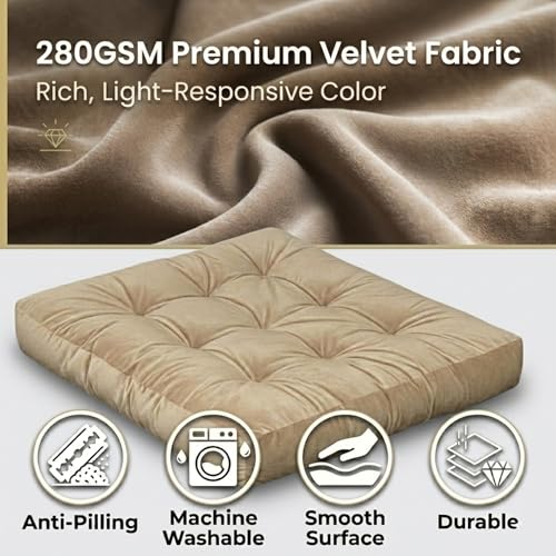 Meditation Cushion Set of 2, Floor Cushions for Adults, Velvet Floor Pillows for Sitting, Tufted Seat Cushions for Yoga, Living Room, Bedroom & Reading Nook, Machine Washable, 22 x 22 Inch, Beige - color: Beige, size: 2pack