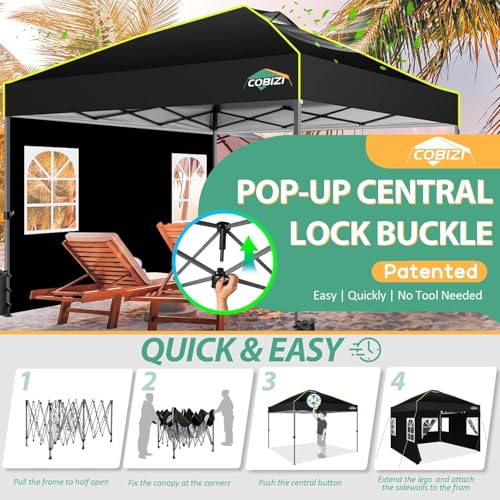 COBIZI 10x10 Pop up Canopy Tent with Sidewalls,One Push Setup Tent for Parties, Waterproof & UV 50+ Outdoor Commercial Gazebo with Air Vent, Reflective Strip,4 Sandbags for Garden, Beach,Black - color: Black(1-year warranty), size: 10x10