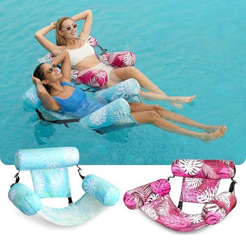 SLOOSH Inflatable Pool Floats Adult,2 Packs Floating Lounge Chairs,Blow up Pool Noodles for Adult Heavy Duty,Floating Chair for Party Summer Water Beach Lake Fun - style: Tropical Leaves-Cyan, Pink