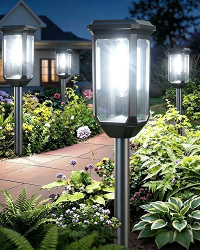 Tenmiro Solar Pathway Lights Outdoor 4 Pack LED Solar Powered Garden Lights Waterproof IP65 Outdoor Light for Yard Lawn Patio Path Walkway Driveway Decor 6500K - color: Cool White, size: 4 Pack