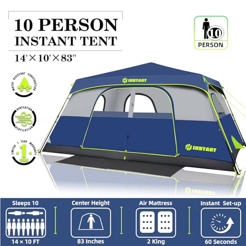 4/6/8/10 Person Instant Tent, Waterproof Pop Up Tents for Camping with Rainfly, 60 Seconds Easy Setup, Automatic Cabin Tent for Family Camping with Expandable Carry Bag & Upgraded Ventilation - color: Blue, size: 10 Person