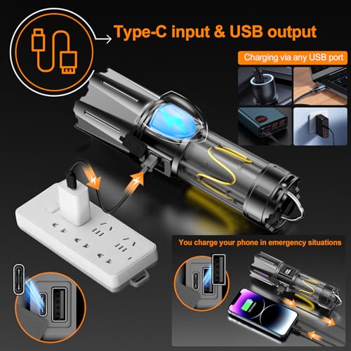 Super Bright Flashlight High Lumens 100000 Rechargeable, Powerful 50W LED, Long Lasting 30H, Daul Bottons 10Modes with Side Light, Quick USB C Charge & Output, Multi-functional for Home Camping Hiking