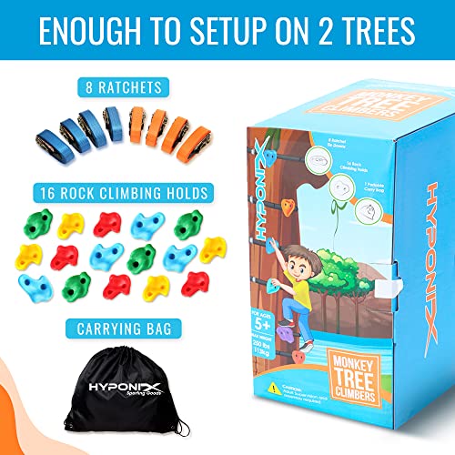 Hyponix Ninja Tree Climbing Kit – 16 Large Rock Holds & 8 Ratchets, 10-Minute Setup, Thicker Textured Grips, Supports 250lbs, CPC Certified Safety, Portable Bag – Backyard Fun & Ideal Gift for Kids - style: Monkey Tree Climbers 2.0