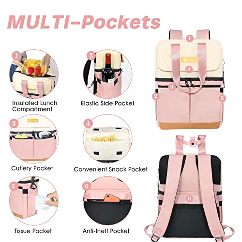 Scothen Backpack Cooler with Double Decker & 12 Ice Packs- Keeps 36 Cans Cold for Up to 24 Hours- Waterproof & Leak Proof Insulated Cooler Backpack- Stylish Cooler Bookbag for Women Travel Work Beach - color: Pink