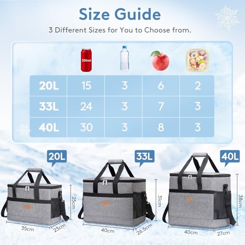 Lifewit Cooler Bag 30/50/60 Cans Collapsible and Insulated Large Lunch Bag Leakproof Soft Cooler Portable Tote for Camping/BBQ/Family Outdoor Activities - color: Gray, size: 60-Can(40L)