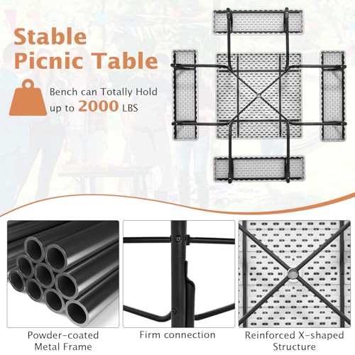Giantex Picnic Table Set for 8 Persons, Outdoor Table and Bench with Umbrella Hole, HDPE Top & Metal Frame, 500LBS Capacity, Square Patio Table Bench for Deck Backyard Garden (White) - color: White, size: Square-35"x35"x30"