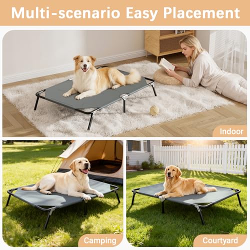 Folding Elevated Dog Bed for Large Dogs, Portable Raised Camping Outdoor Dog Bed, Washable Elevated Pet Beds with No-Slip Feet, Raised Cooling Pet Beds for Indoor & Outdoor Use, Grey, 44 Inches