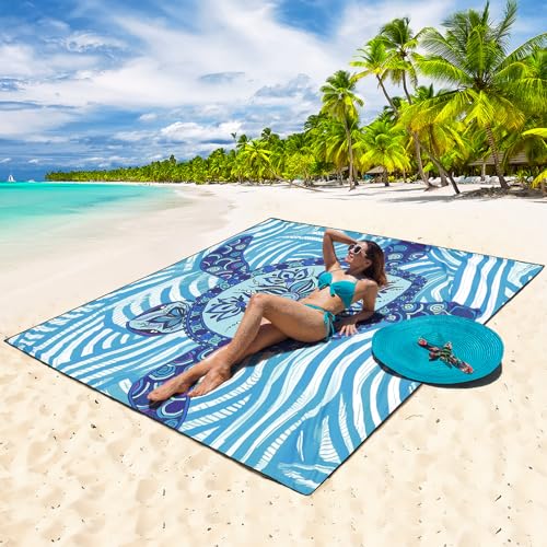 WIWIGO Beach Blanket Waterproof Sandproof Beach Mat 79" X 83"/10'x9'for 2-8 Adults Quick Drying Outdoor Picnic Mat Beach Accessories for Travel, Camping, Hiking - color: Blue Sea Turtle - Line Base, size: 79" X 83"（1-4person）