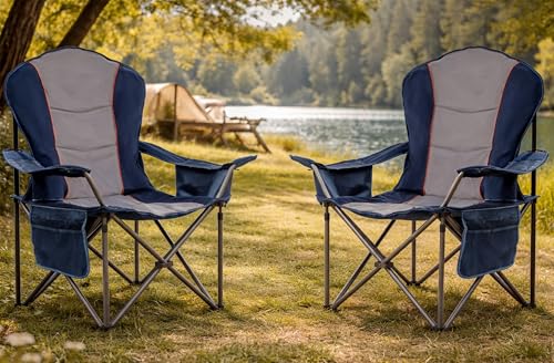 2 Pack Folding Camping Chairs for Adults - High Back Padded Outdoor Lawn Chairs with Lumbar Support & Cup Holder, 500lbs Heavy Duty Portable Camping Chairs Set (Blue & Gray, 2 PCS) - color: Blue & Gray, size: 2 PCS