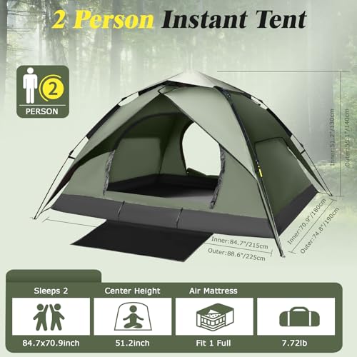 Camping Tent 2/3/4 Person Instant Pop Up Tents for Camping - 40s Automatic Easy Setup Tent with Rainfly, Double-Layer Waterproof & Windproof Instant Tents with Welcome Mat for Camping & Hiking - size: Green 2 Person