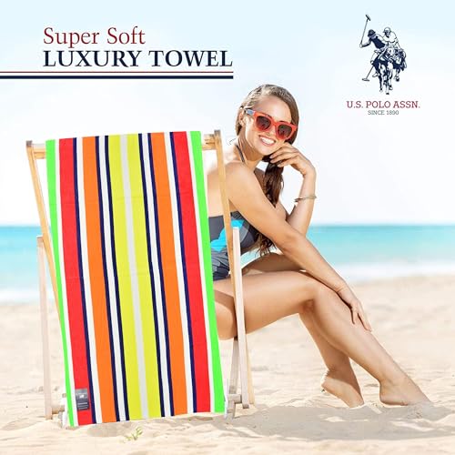 U.S. Polo Assn. Oversized (40” x 70”) Striped Nautical Design Beach Towel - Luxury Plush Cotton Hotel Quality for Bath, Pool - Flame Stripe - color: Flame Stripe, size: 40" x 70"