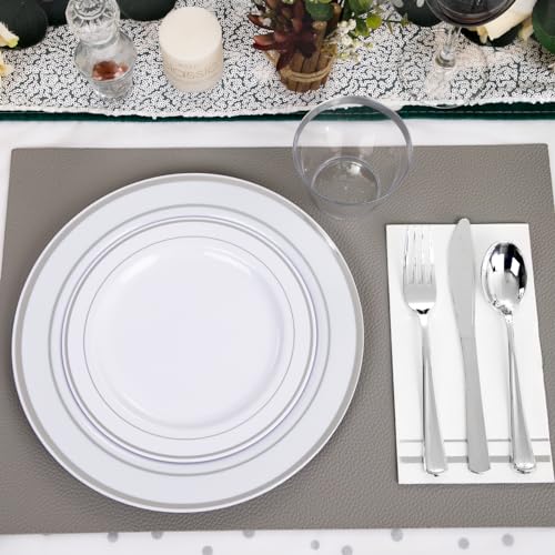 GATHER 176 Pieces Silver Plates - Disposable Silver Plastic Plates Includes 50 Plates, 75 Silverware, 25 Napkins, 25 Silver Rimmed Cups and 1 Tablecloth Perfect for Party & Weding - color: Silver, size: 25 Guests