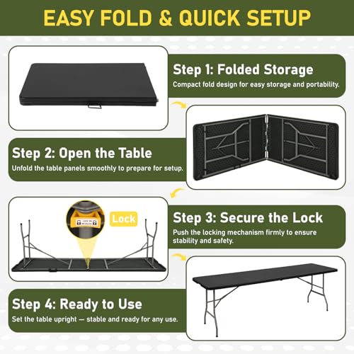 BestOffice 8 FT Picnic Table Plastic Camping Table Portable Square Height Folding Table Perfect for Picnics, Parties, Party and Camping, Black - color: Black, size: 8 FT