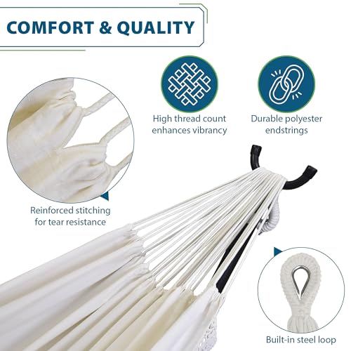 Vivere Double Cotton Hammock with Space Saving Steel Stand, Upgraded Polyester End Strings 450 lb Capacity - Premium Carry Bag Included - USA Grown Cotton (Natural) - color: Natural