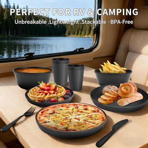 40 Piece Plastic Dinnerware Set for 8 with Cutlery, Unbreakable Plates and Bowls Set, Dishwasher & Microwave Safe Reusable Dish Set for Camping, RV, Outdoor Kitchen, Apartment Dining,Rainbow Multicol - color: Tropical