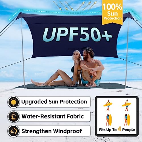 EasierHike Beach Shade Tent, 7 × 7.15 Ft Portable Easy Pop Up Beach Canopy, UPF50+ Sun Protection Shelter, Windproof & Water Resistant, Stable with 4 Sandbags & Windproof Cords, Perfect for Family - color: Navy Blue, size: 7x7.15 FT 2 Poles