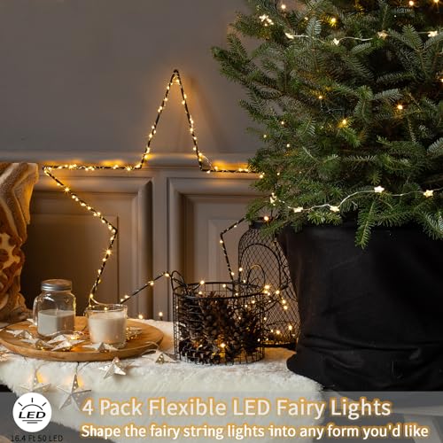 4 Pack Fairy Lights Battery Operated, 16.4 Ft 50 LED Starry Fairy Lights with Auto Timer Dark Green Copper Wire Twinkle Lights for Wedding Bedroom Christmas Decor (Warm White) - color: Warm White-Green Wire