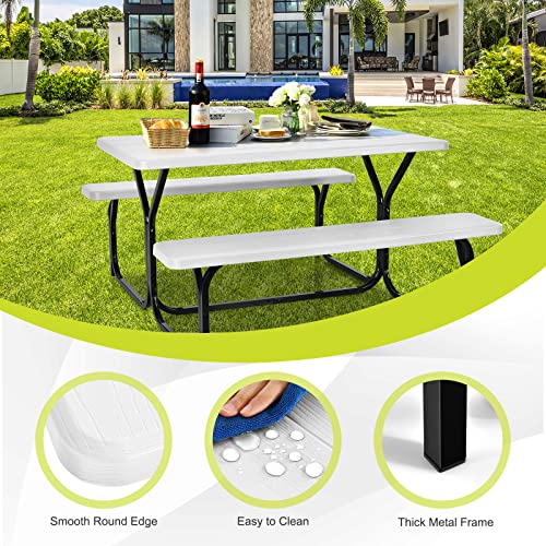 Moccha Picnic Table Bench Set - Portable Plastic Picnic Table w/Steel Frame & Wood-Like Texture, All Weather Heavy Duty Picnic Table Kit, Picnic Tables for Outdoors Garden Patio Party Dining (White) - color: White