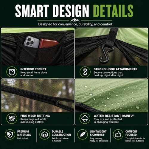 Camping Hammock Tent with Mosquito Net & Rainfly – Waterproof Portable Backpacking Hammock for Camping, Hiking & Travel – Lightweight Outdoor Hammock for Trees by Altena