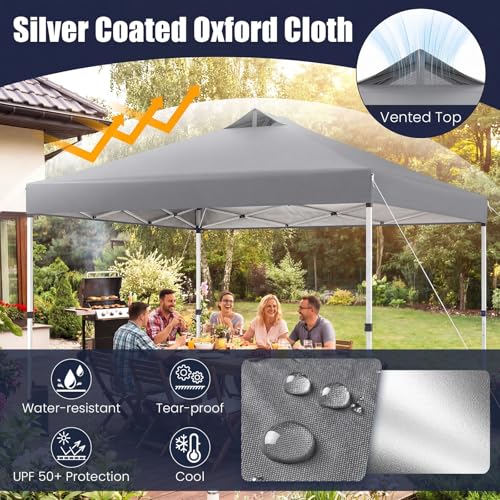 Tangkula 10 x10 Ft Pop Up Canopy with Center Lock, UPF 50+ One-Button Setup Outdoor Canopy Tent with Roller Bag, 4 Sand Bags, Heavy-Duty Steel Frame, 8 Stakes, 4 Ropes for Camping, Picnic - color: Gray