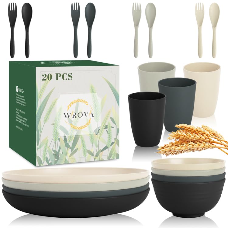 Wrova Wheat Straw Dinnerware Sets for 4, 20-Piece Reusable Kids Plates and Bowls Sets with Flatwares, Unbreakable Bowls and Plates Sets with Cups, Microwave Safe Dishes Set for Kitchen. Black & Grey - color: Black to Grey, size: 20 Pack