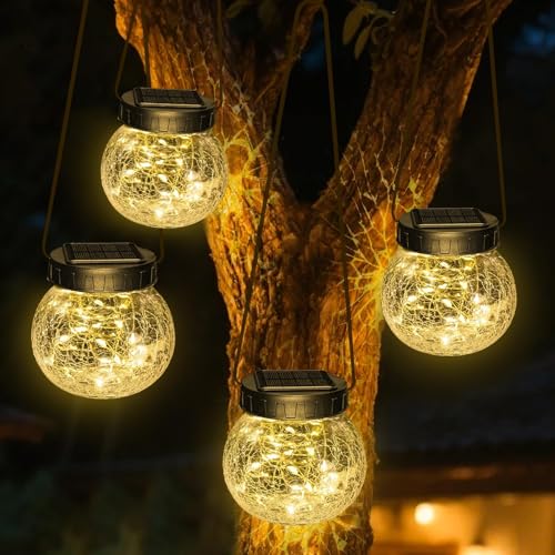 Kolpop 4 Pack Hanging Solar Lights for Outside, Cracked Glass Solar Lanterns Lights Outdoor Waterproof ,30 LED Hanging Globes Lights for Christmas Decoration, Shepherd Hook, Warm White - color: Warm White, size: 4 Pack