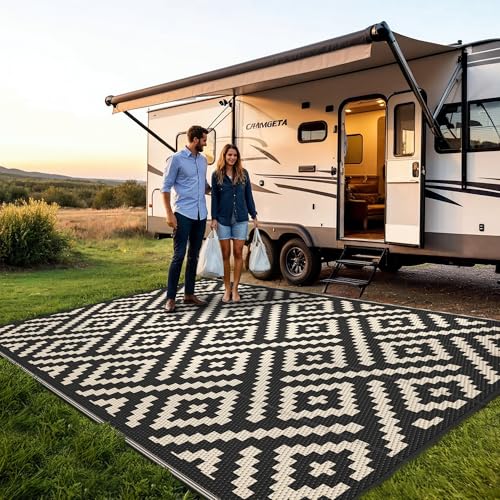 sarben Outdoor Rug for Patio - Waterproof Plastic Straw Camping Rugs 8x10 ft, Reversible Outdoor Indoor RV Mat Carpet for Patio, Porch, Deck, Balcony, Picnic, Beach, Black Beige - color: Black&beige, size: 8' x 10' (Rectangular)